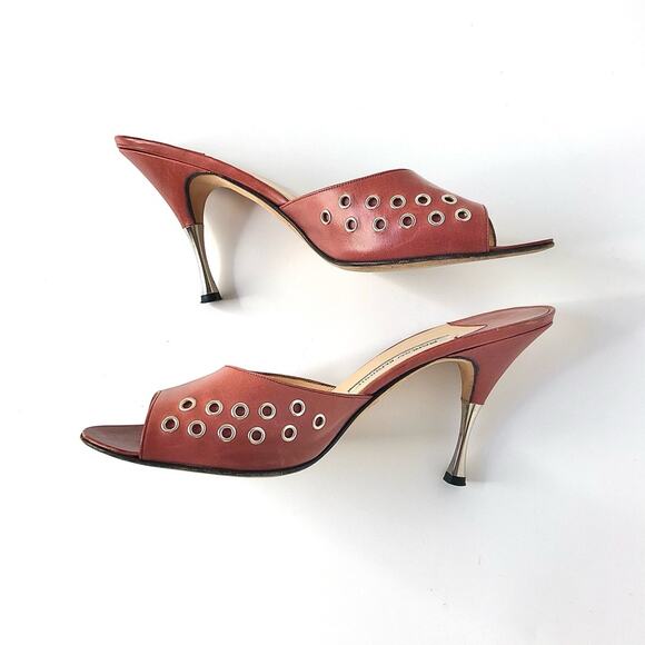 Manolo Blahnik Retro Vintage Brown Leather Grommet Slip On Mules Sandals 40 - Picture 6 of 9